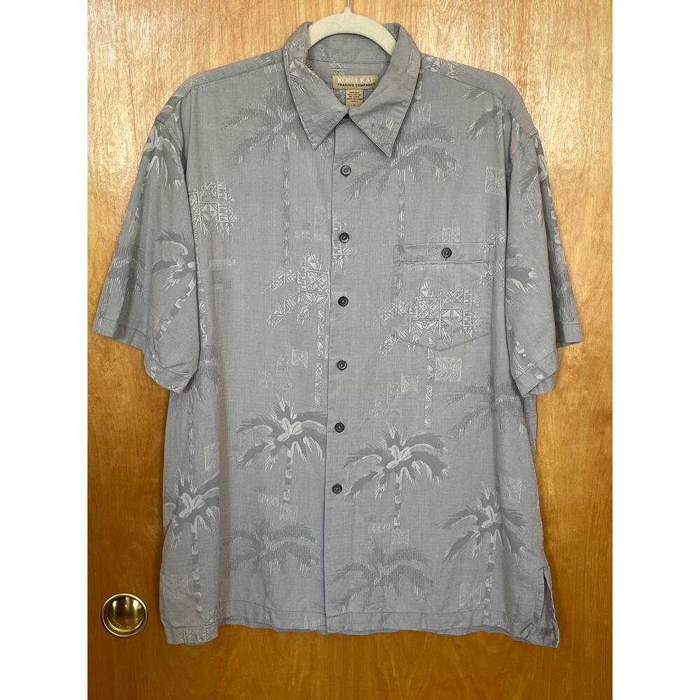 Kona Kai Hawaiian Silk Blend Palm Tree Light Blue Short Sleeve Shirt Mens L